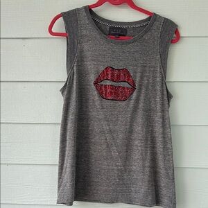 PJK Gray Sleeveless Top with Red Lips Design